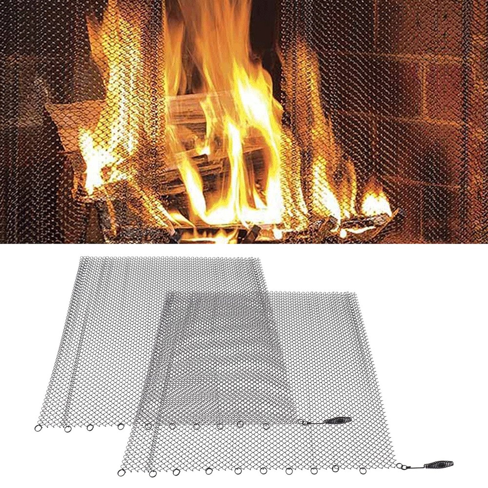 2 Panel Fireplace Mesh Screen Curtain Durable Safety Hanging Replacement Screens