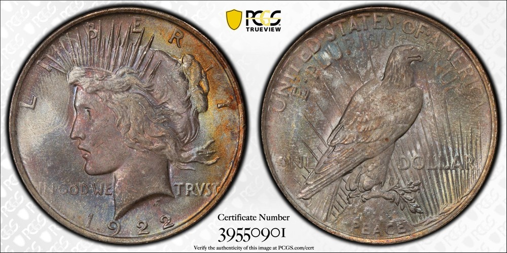 1922 Peace Silver Dollar PCGS MS-63 Rainbow Toning