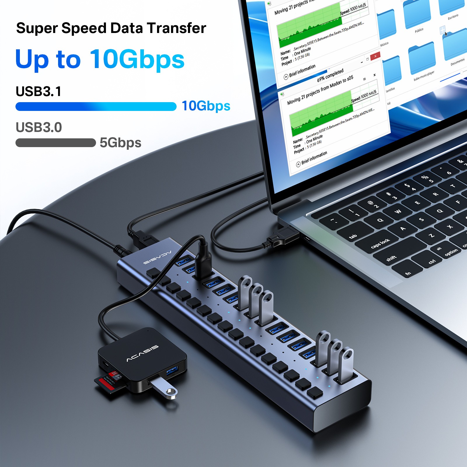 Acasis USB 3.1 Hub 10Gbps 16 Port On/Off Switch with AC Power Adapter for Laptop