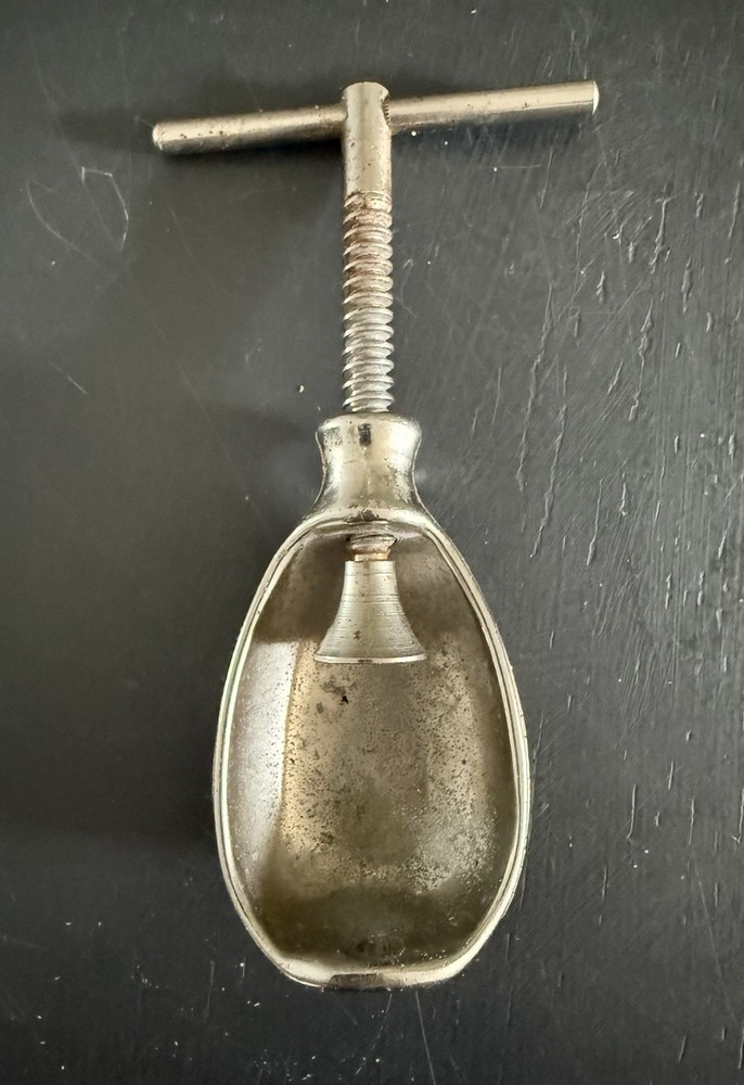 Vintage Nut-Shape Metal Screw Nutcracker w/ T-Bar Handle -