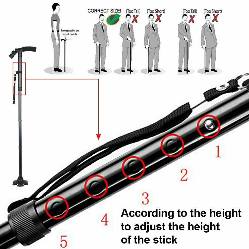 Adjustable Walking Cane With LED Light Foldable Walking Stick Hiking Climbing