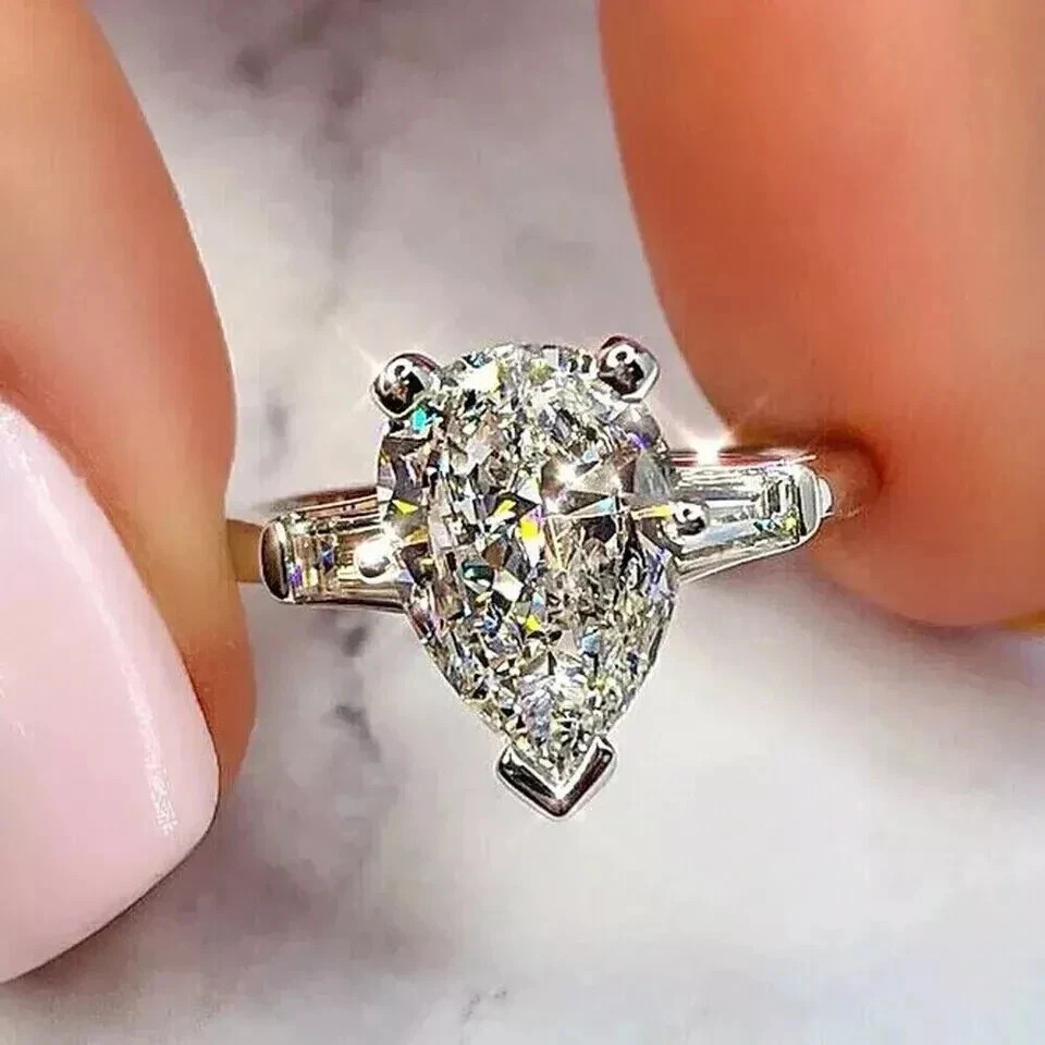 Solid 950 Platinum Diamond Wedding Ring IGI Lab Created Pear Cut 2.50 Ct 3 Stone