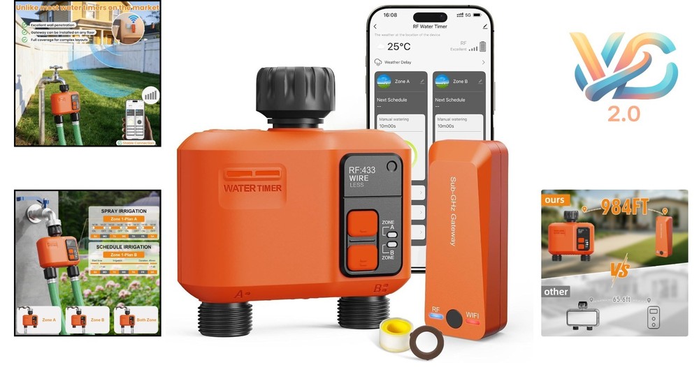 WiFi Garden Water Timer 2-Zone Smart Sprinkler Controller App Voice Control