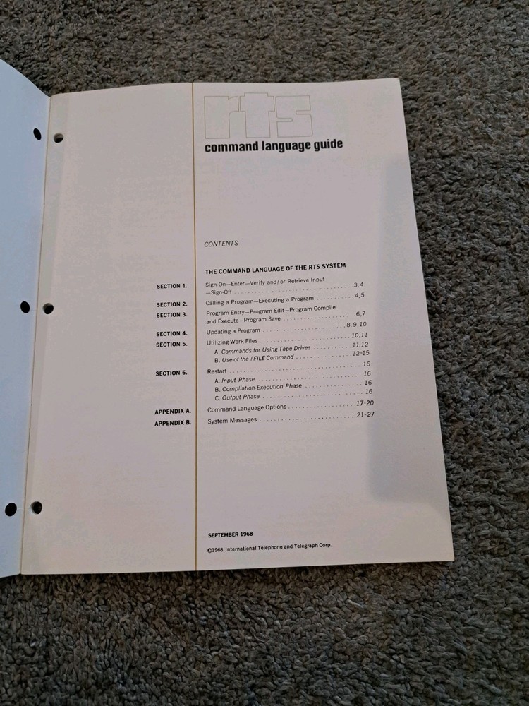 1968 ITT Data Services RTS Command Language Guide Manual