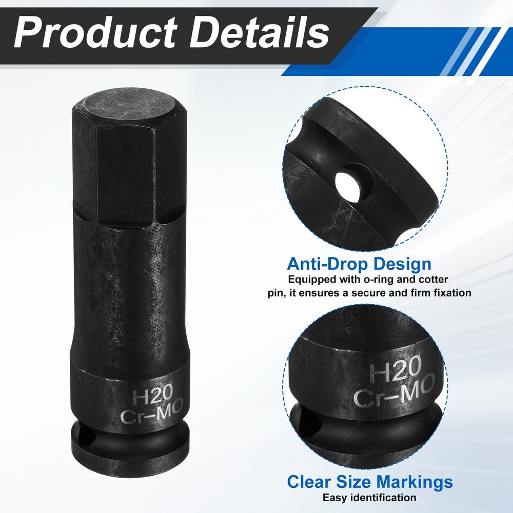 5pcs 1/2" Drive Impact Hex Bit Socket 20mm Metric CR-MO Steel Hexagonal Socket