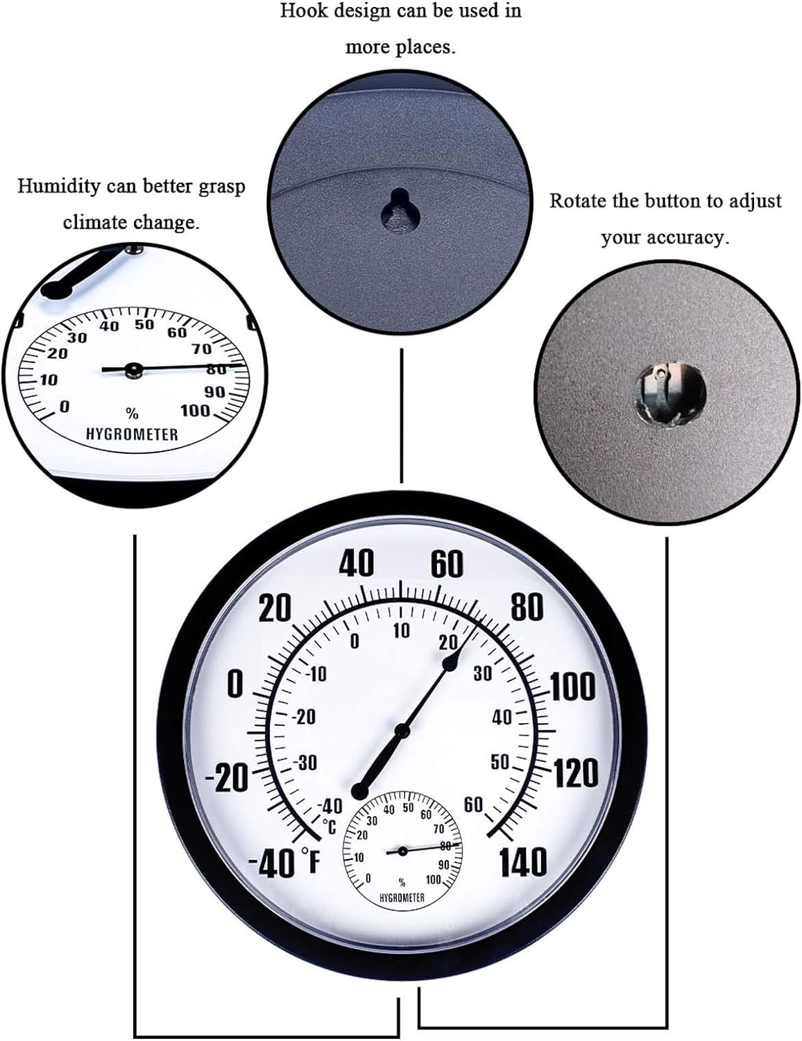 10" Waterproof Wall Thermometer with Hygrometer for Indoor/Outdoor Use (Black)