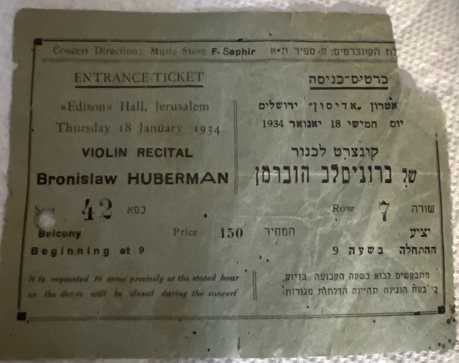 1934 Ticket Bronislaw Huberman Violin Recital Philharmonic Orchestra Vienna