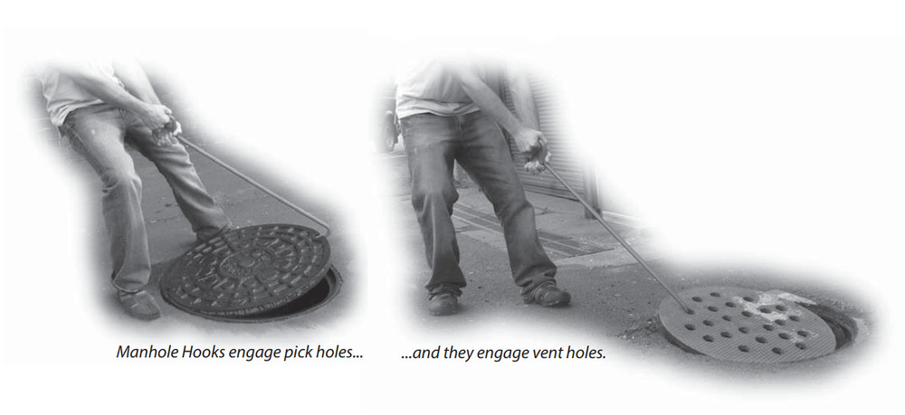 Manhole Cover Hook, 36" Solid Hex shape steel, Angled handle, Pointed tip, USA