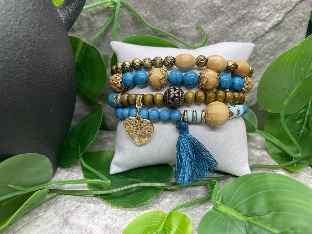 4 PC Handmade Boho Beaded Stackable 7” Plus Stretch Bracelet Set B2530