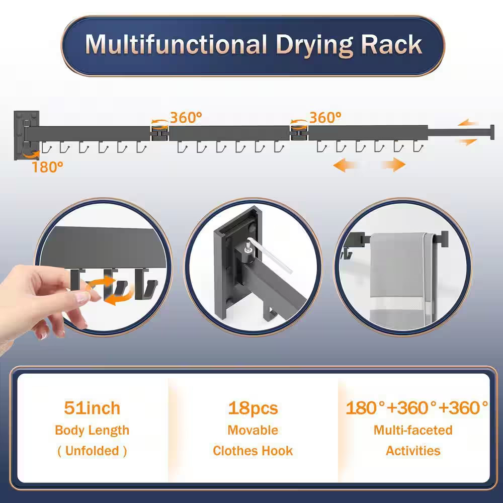 220 Lbs. Retractable Wall Mount Clothes Drying Rack for Laundry Room (Grey)