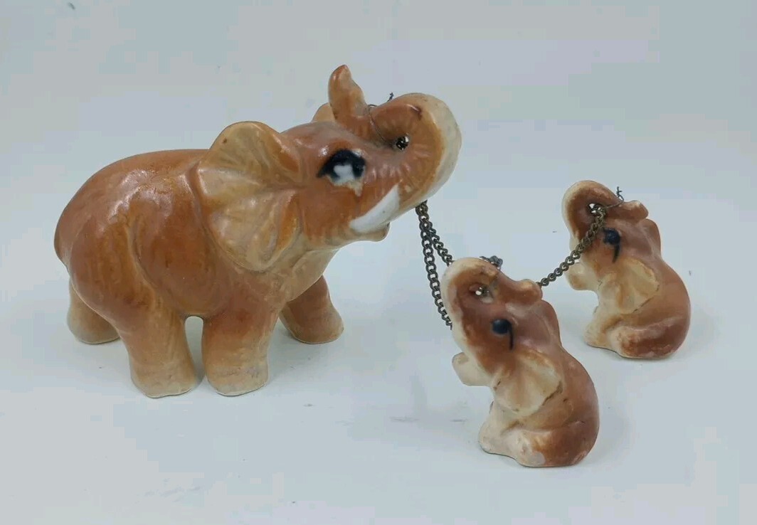 Vintage ELEPHANT FIGURINES Mom With 2 Babies on Chains Ceramic Collectible Japan