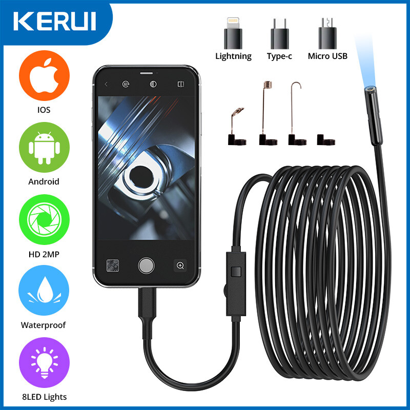 1080P HD Endoscope Borescope 8mm Inspection Snake Camera for iPhone Android iOS