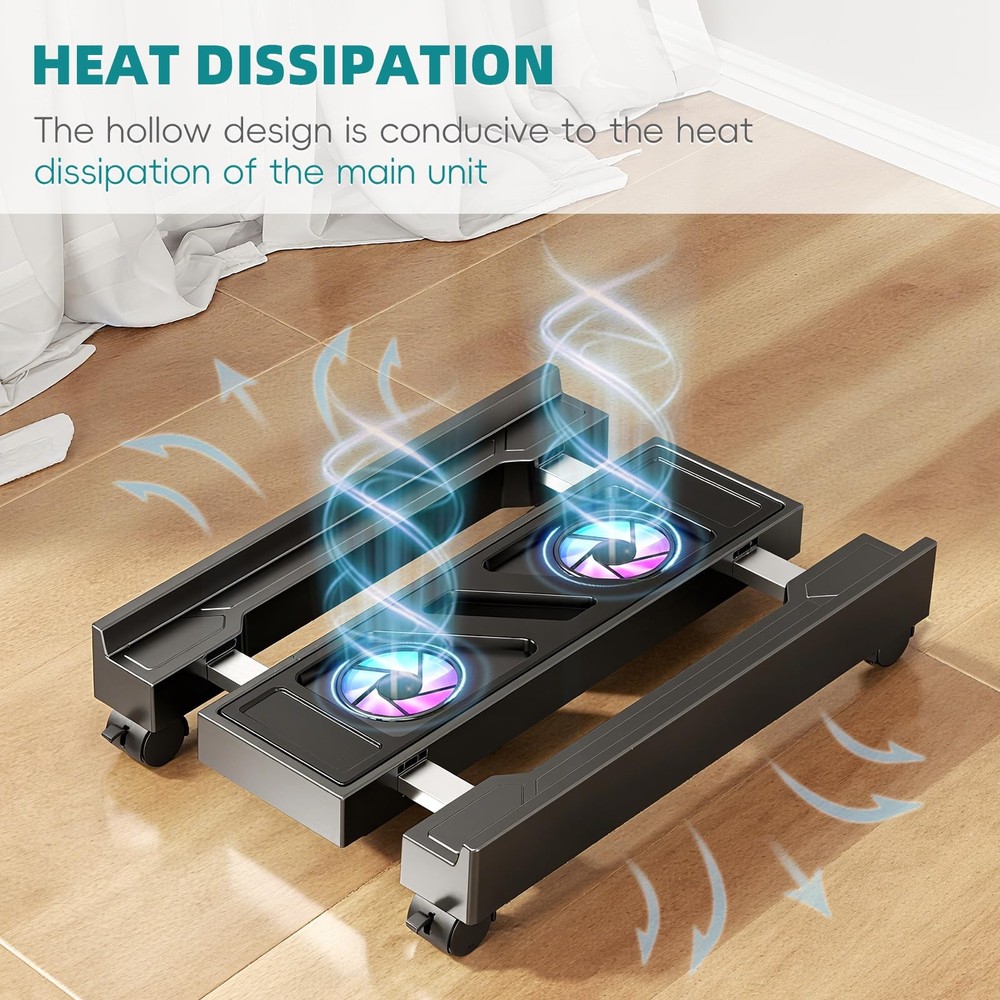 Adjustable Computer Tower Stand with Cooling Fan, Mobile CPU Holder with 4 Rolli