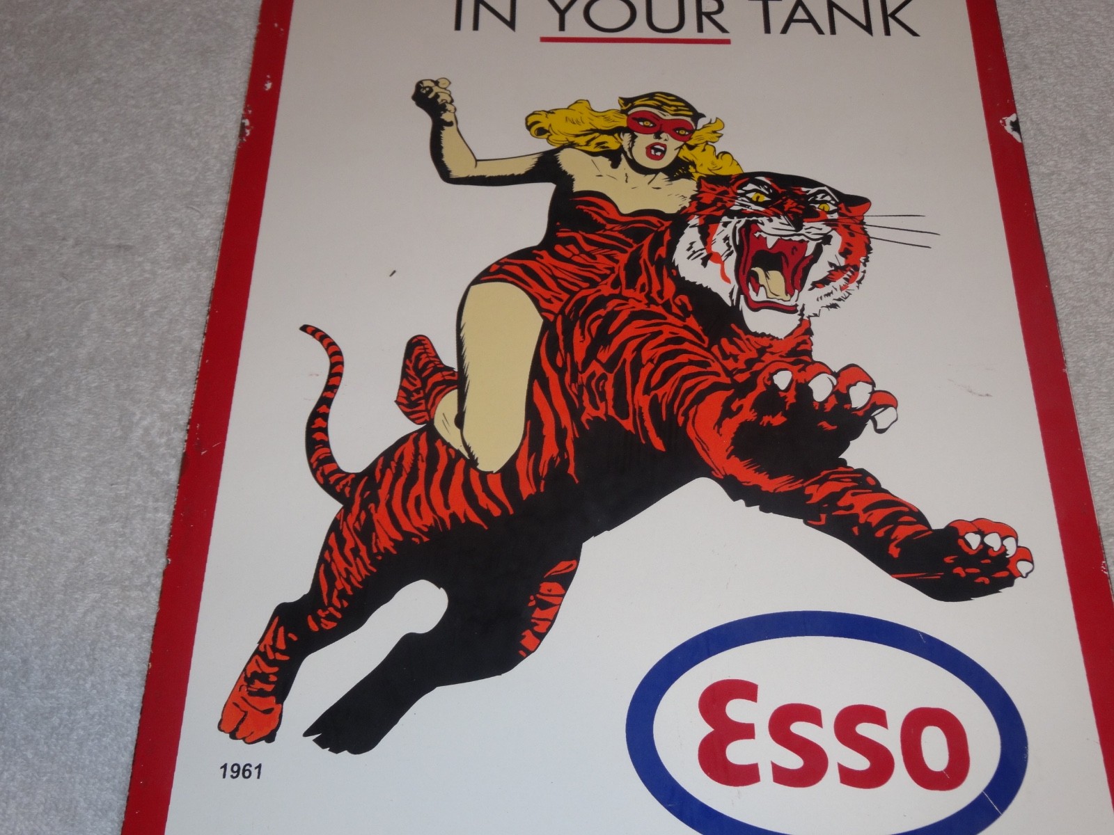 VINTAGE 1961 "ESSO CAT WOMAN RIDING TIGER" 18" PORCELAIN METAL GASOLINE OIL SIGN