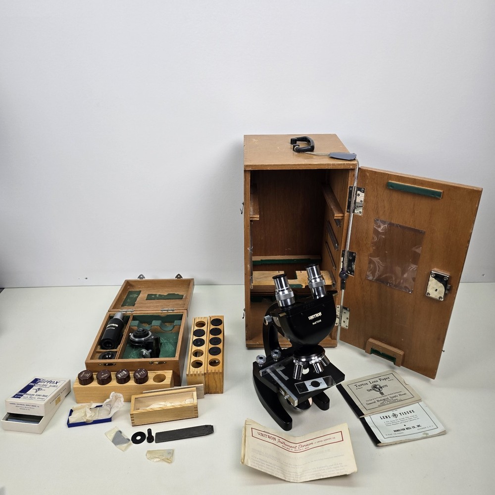 Vintage Unitron BMPE Binocular Phase Microscope Wood Case & Accessories