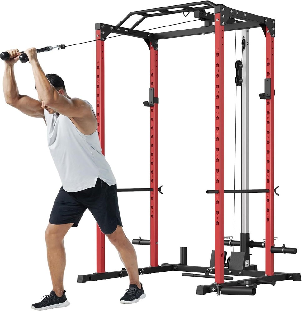 Power Cage, 1200LBS Capacity Squat Rack with Pulley System Multifunctional Power