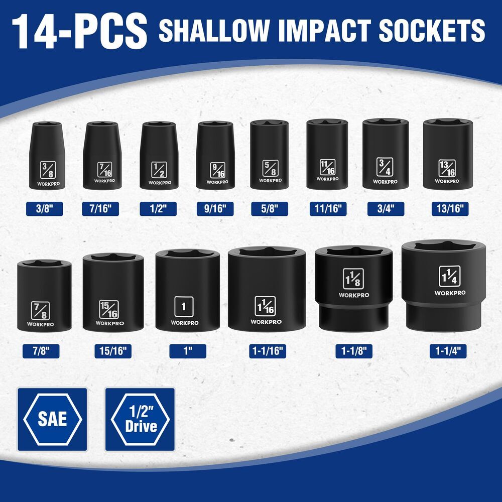 WORKPRO 14PC 1/2" Drive Shallow Impact Socket Set SAE 3/8”-1-1/4" 6-Point Socket