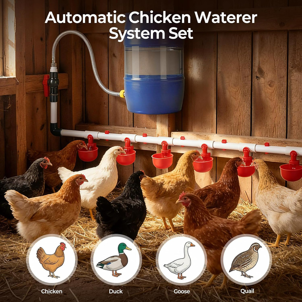 57 Pcs Automatic Chicken Waterer System Set, Chicken Watering System Kit with 8