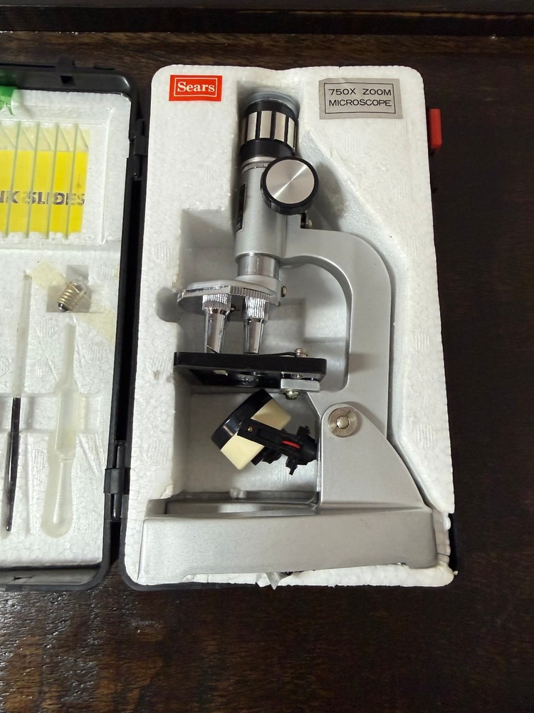 Vintage Sears Microscope Set 49-24335 Complete 50-750 Power Zoom Untested