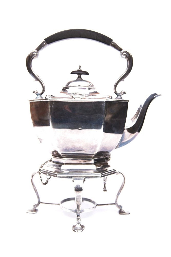 Silver-plated tilting spirit kettle, Carrington & Co