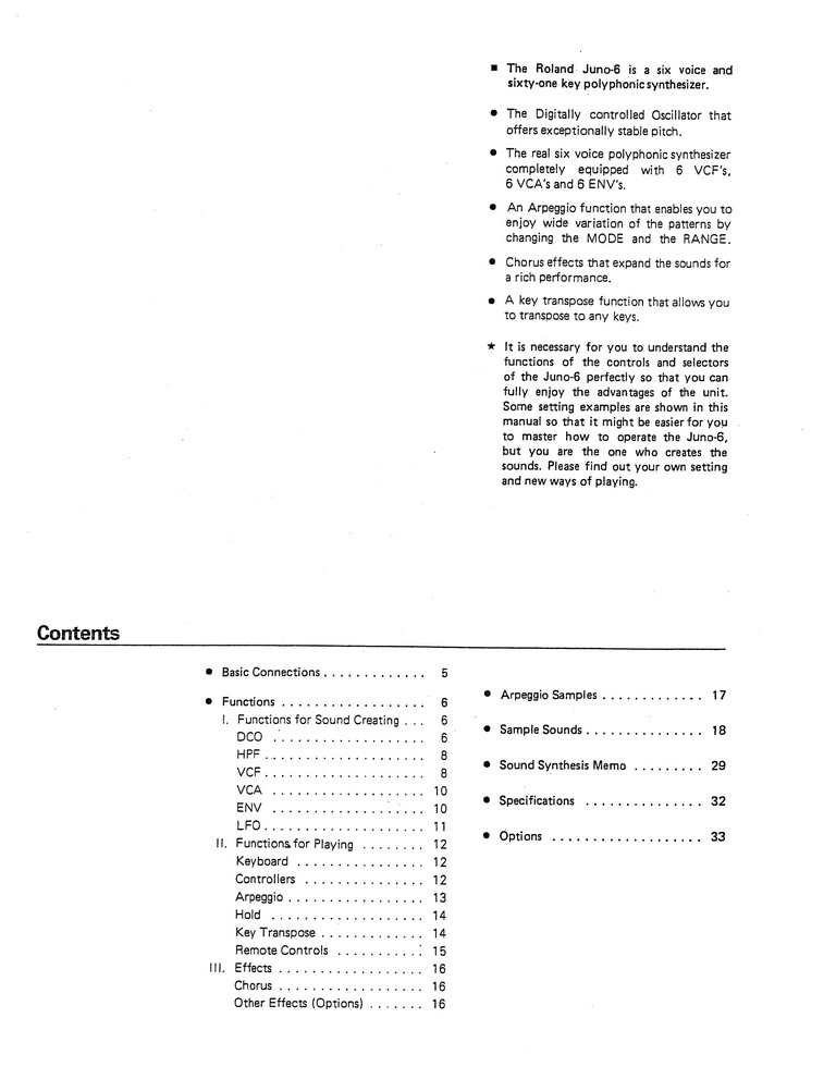 ROLAND JUNO - 6 POLYPHONIC Programmable SYNTHESIZER OWNERS MANUAL JUNO-6