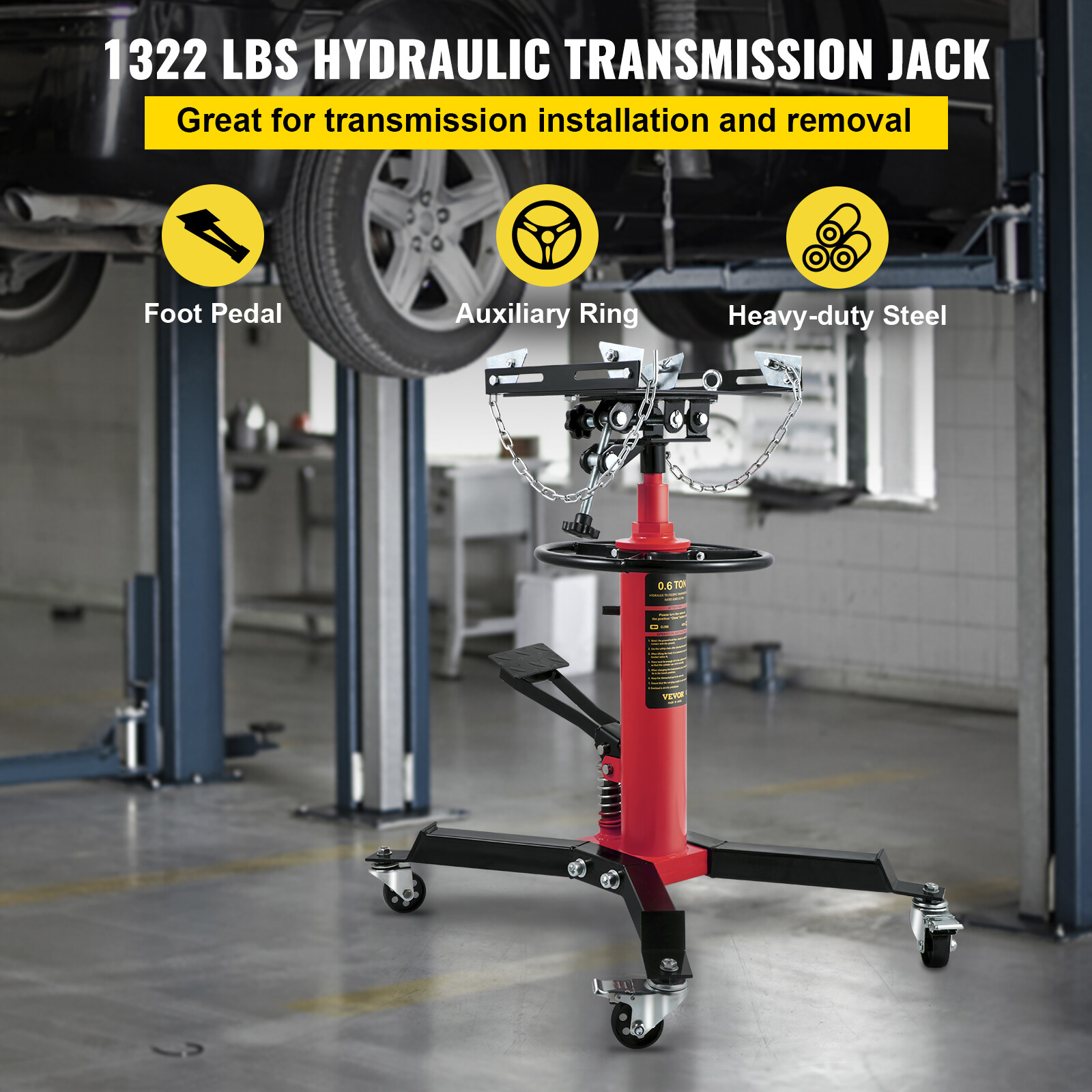 VEVOR 1322 LBS 2 Stage Hydraulic Transmission Jack w/360°Swivel Wheel Lift Hoist