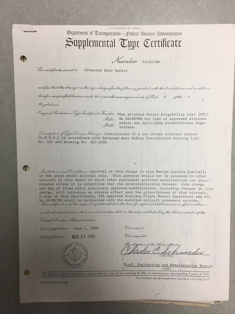 Supplemental Type Certificate SA1007NW Low Thrust Detector System Paperwork