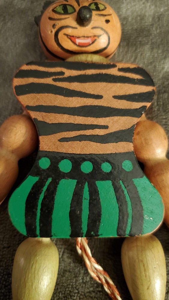 Vintage Wooden Puppet Pull String Toy Tiger