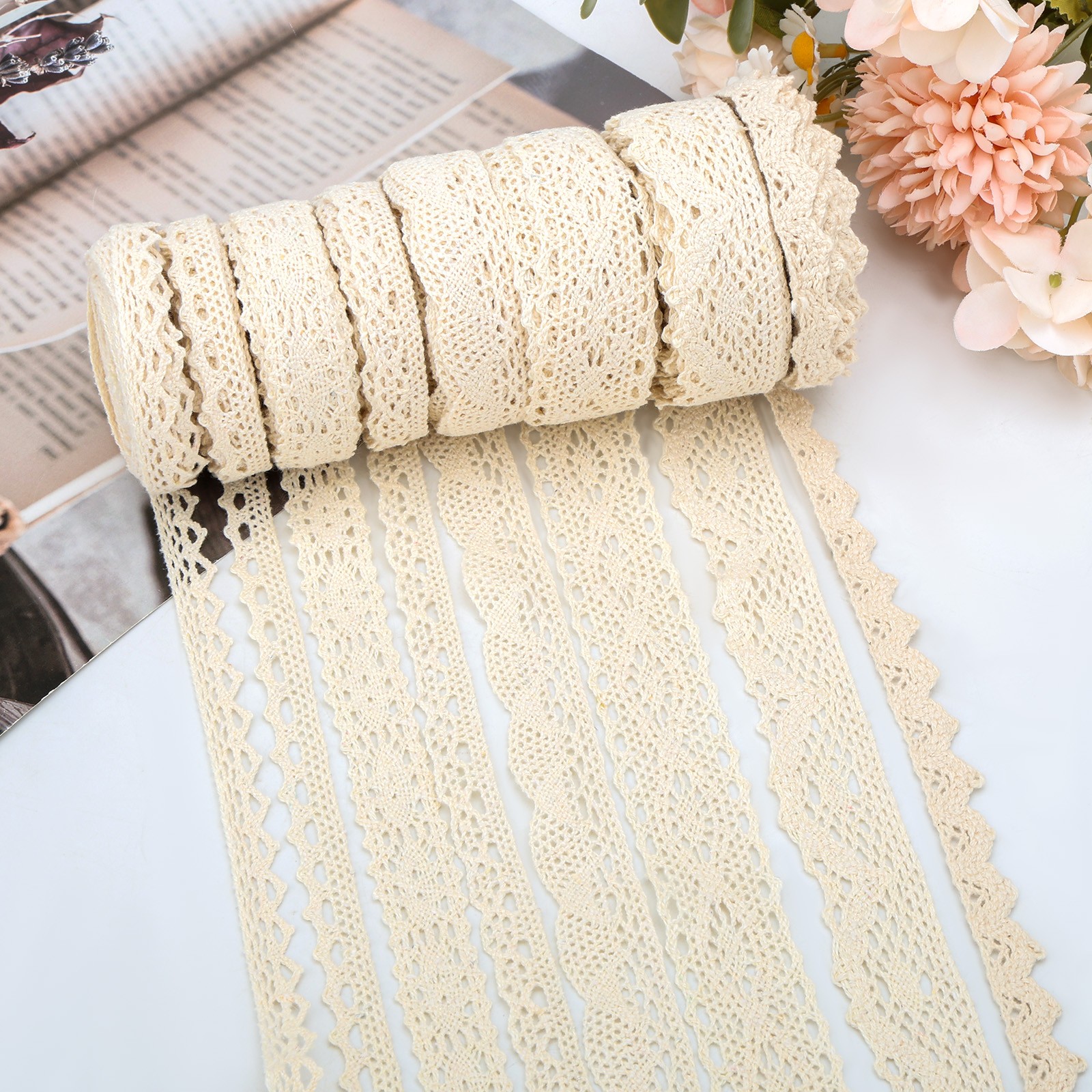 40 Yards Beige Lace Trim 8 Styles Vintage Crochet Ribbon for Sewing Crafts Decor