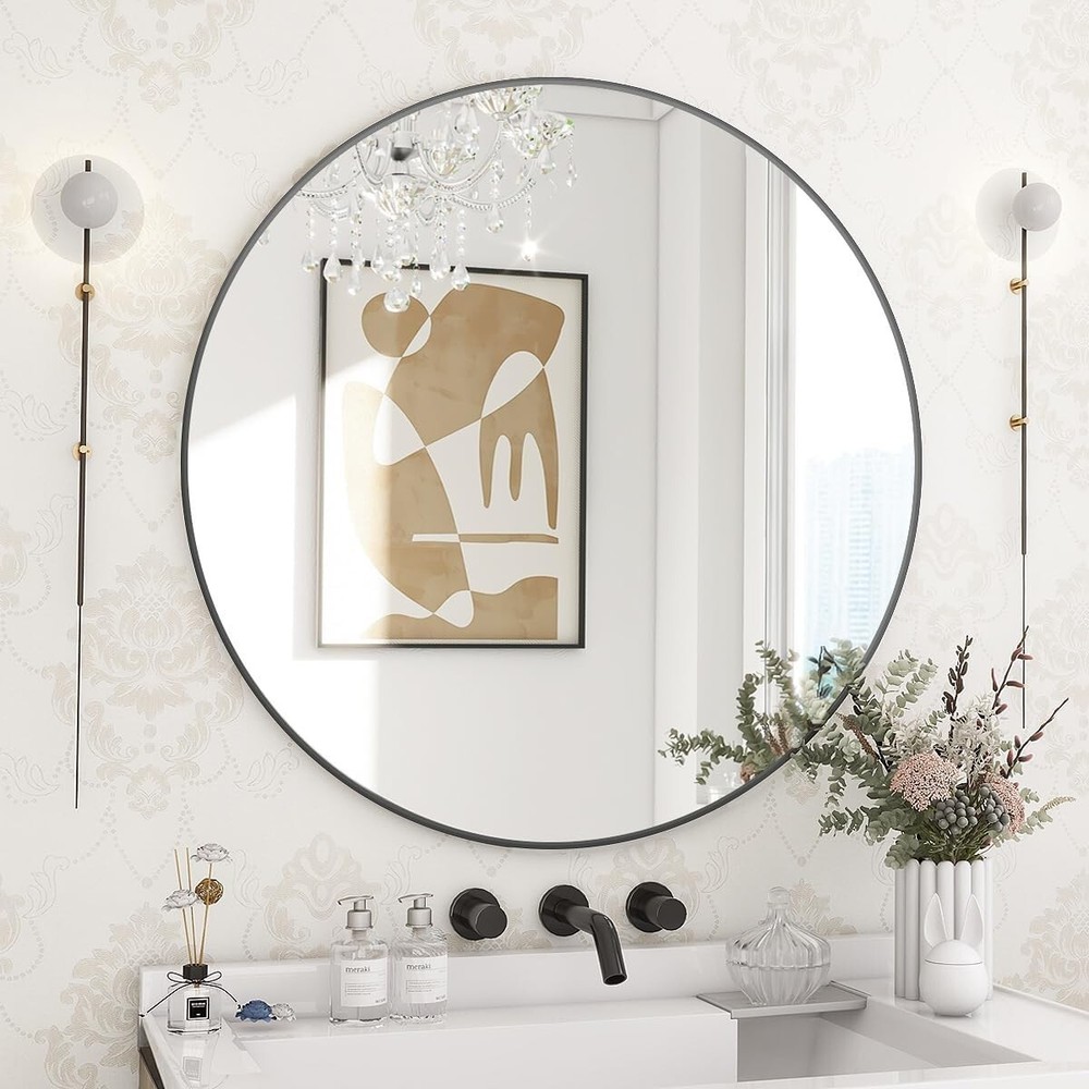 24-Inch Round Decorative Wall Mirror with Pre-Installed Hooks for Easy Mounting