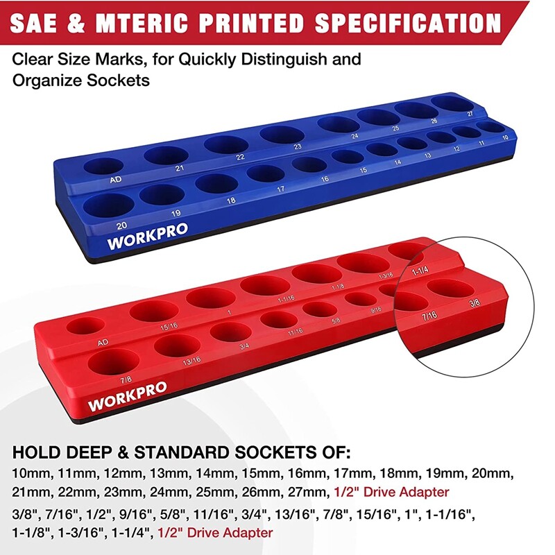 WORKPRO 2PC 1/2" Magnetic Socket Organizer Set Socket Holder Cart Set SAE Metric