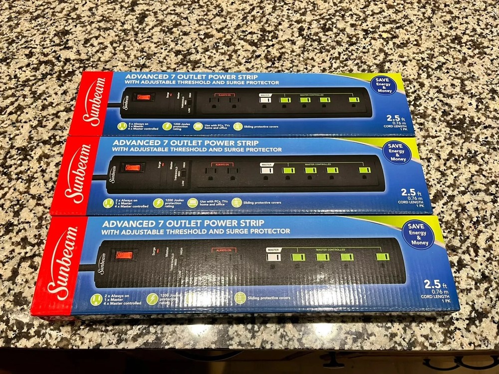 3 PACK Sunbeam Advance 7 Outlet Power Strip Adjustable Threshold Surge Protector