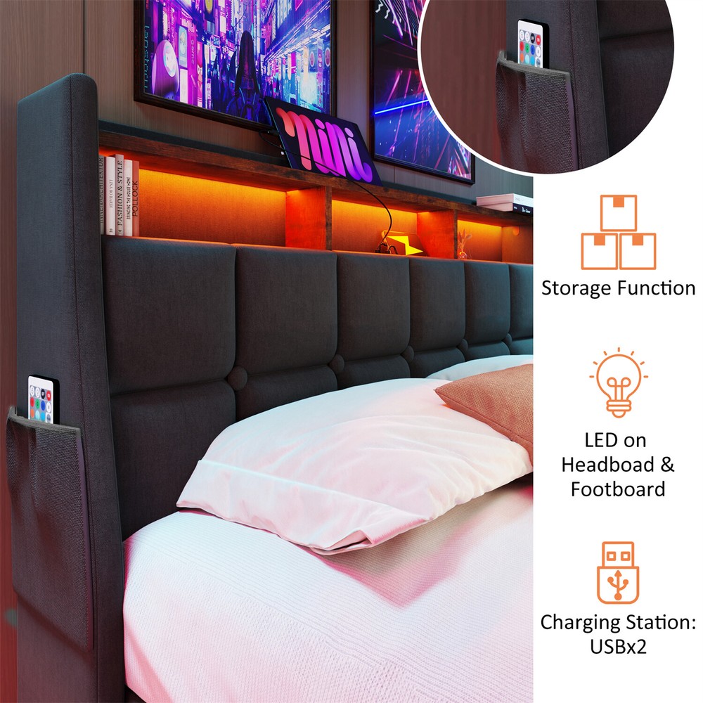 Full Size LED Bed Frame Upholstered Platform Bed with Hydraulic Storage System