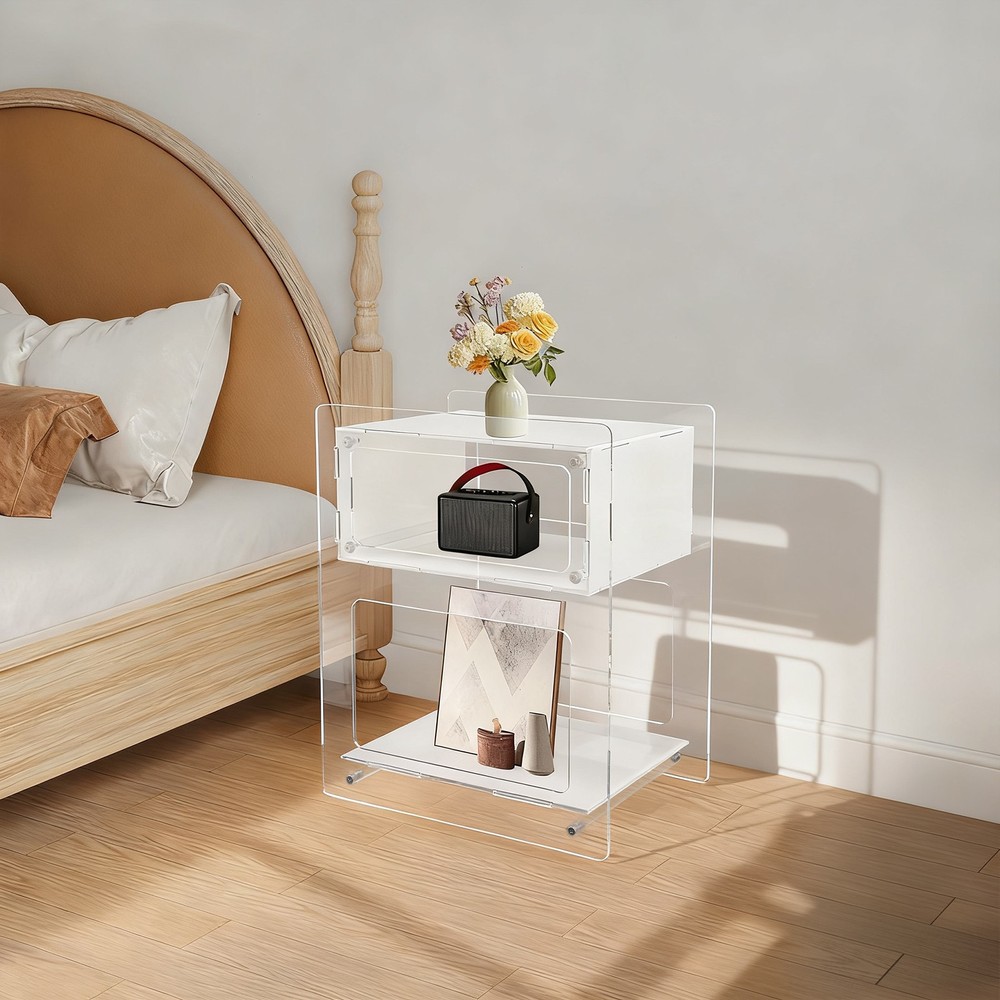 White Acrylic Side Table, Acrylic Nightstand, Rectangle Storage Shelf