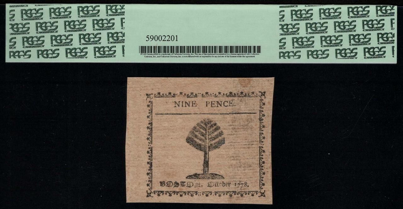 MA-259 printed by Paul Revere PCGS CU63 PPQ 9d 1778 Massachusetts Colonial