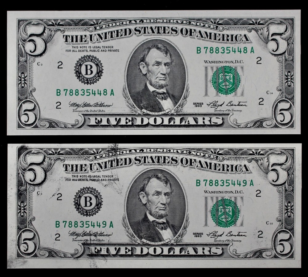Four consecutive INKING ERRORS $5 1993 Gem CU B78835448-51A five dollar, NY B2