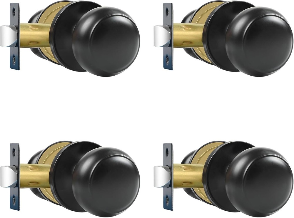 RAZCC 4-Pack Matte Black Passage Door Knobs, Interior Round Handles for Hallway/