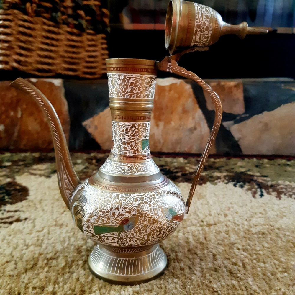 Carved Brass And Copper Surahi Teapot