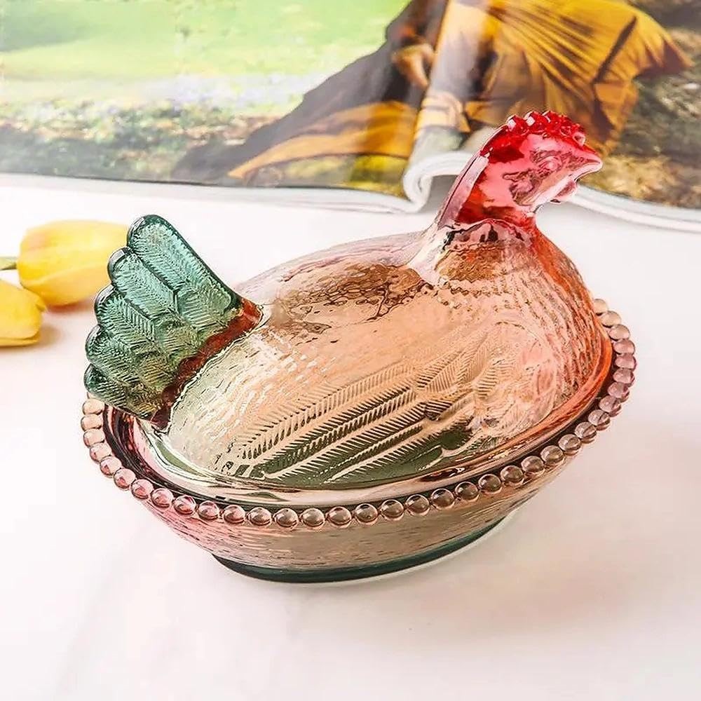 Rooster Decor Glass Candy Dish with Lid - Vintage Hen on Nest Style Large Sna...