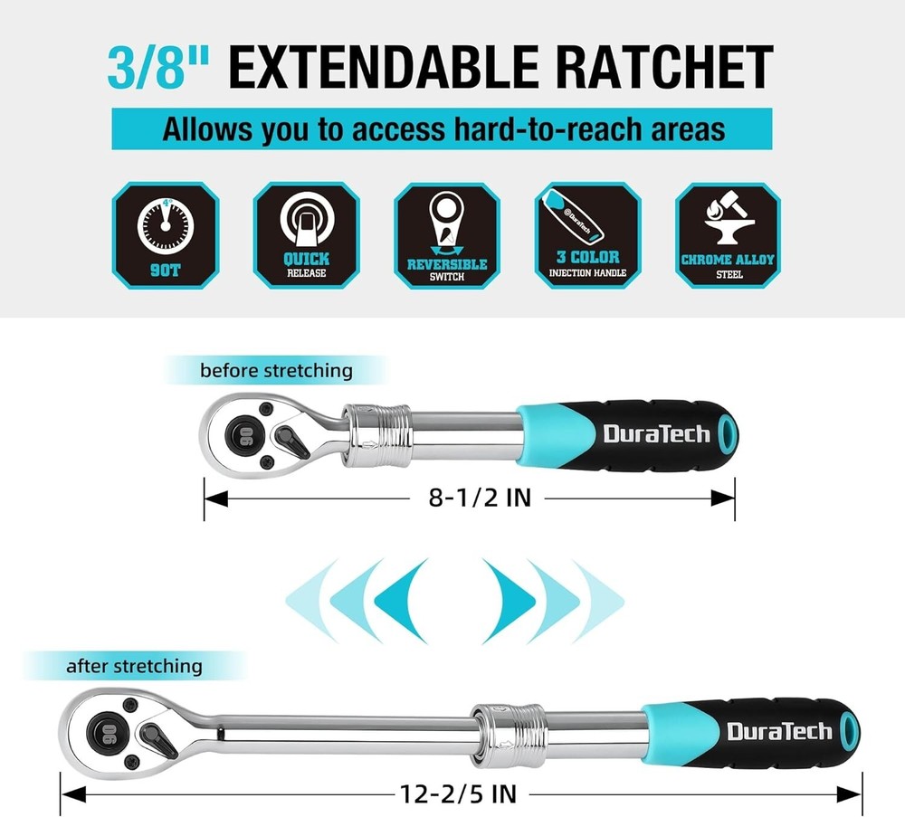 DURATECH Drive Extendable Ratchet 90-Tooth Quick-release with Cushion Handle