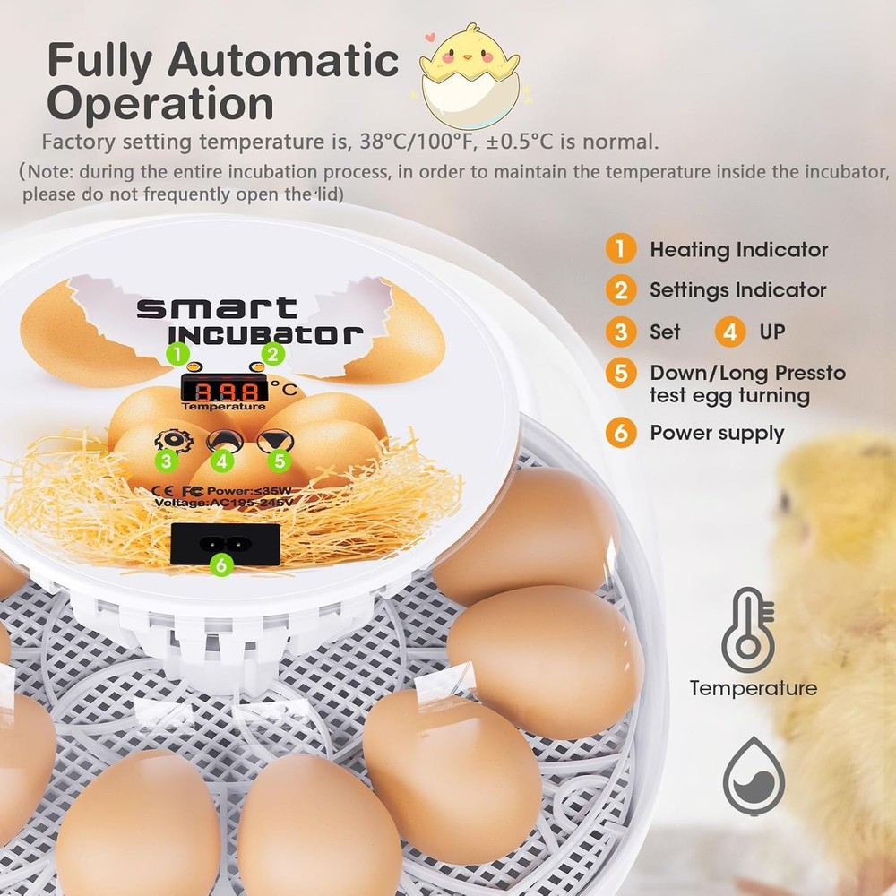 12 Egg Incubator w Automatic Turning & Temperature Control for Poultry Hatching