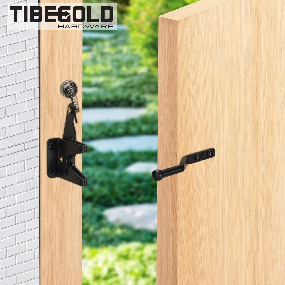TIBEGOLD Self Locking Gate Latch with Spring Cable Pull, Black Gravity Lever...