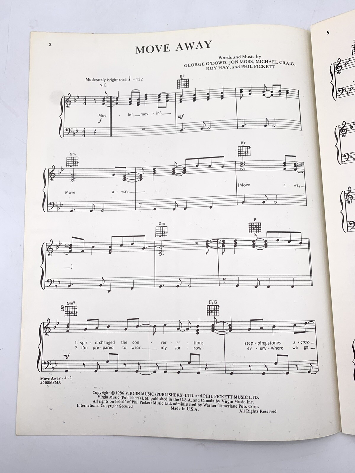 CULTURE CLUB MOVE AWAY SHEET MUSIC PIANO/VOCAL 1986 EXTREMELY RARE