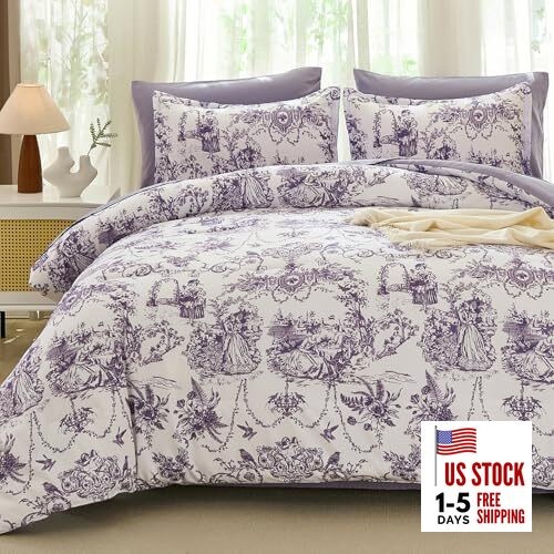 King Size Comforter Set 7 Pieces, Botanical Floral Bed King (90"x 104") Purple