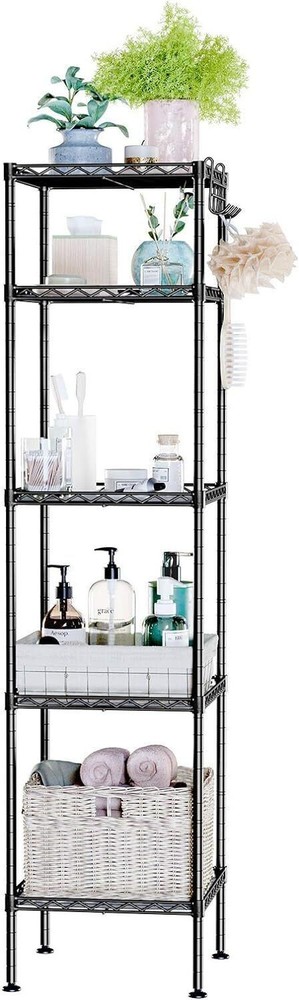 Bathroom Shelf Storage Rack W/ 5 PP Sheets Removable Hooks Extendable Black New