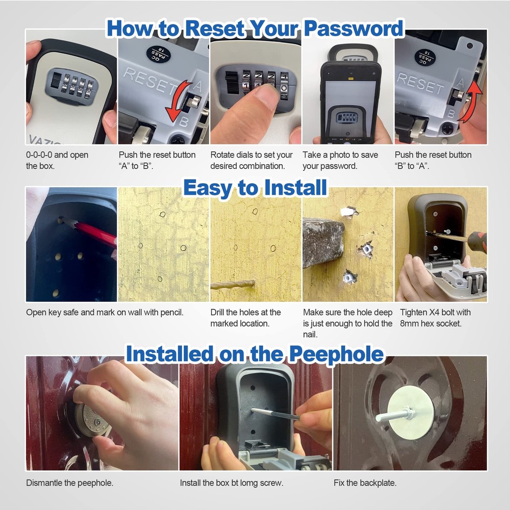 Key Lock Box for Outside, Portable Waterproof Wall Mounted Changeable 4Digit ...