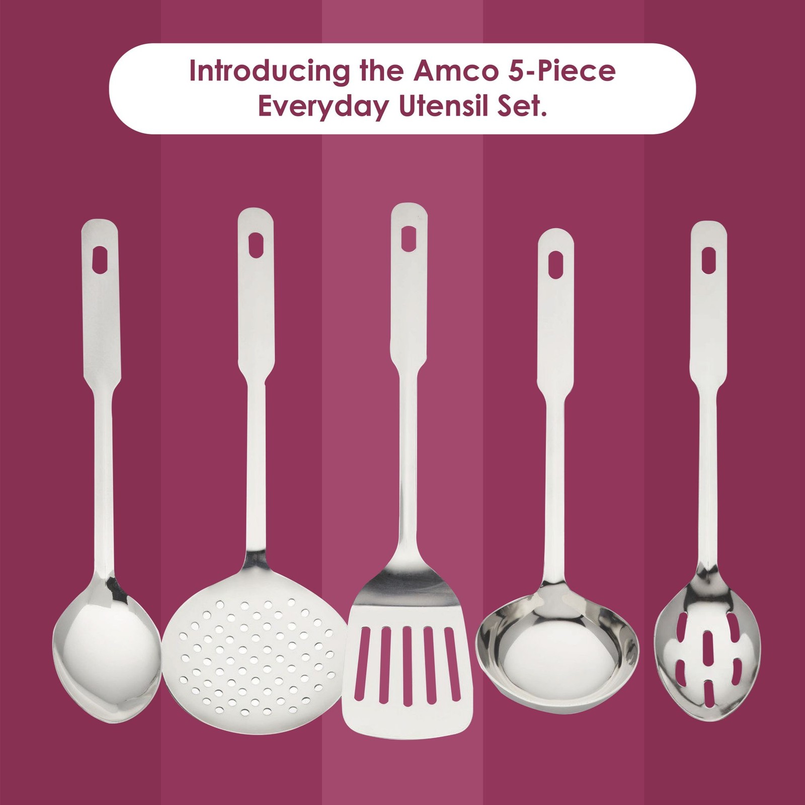 Amco Everyday Utensil Set (5-Piece) - Stainless Steel & Heat Resistant