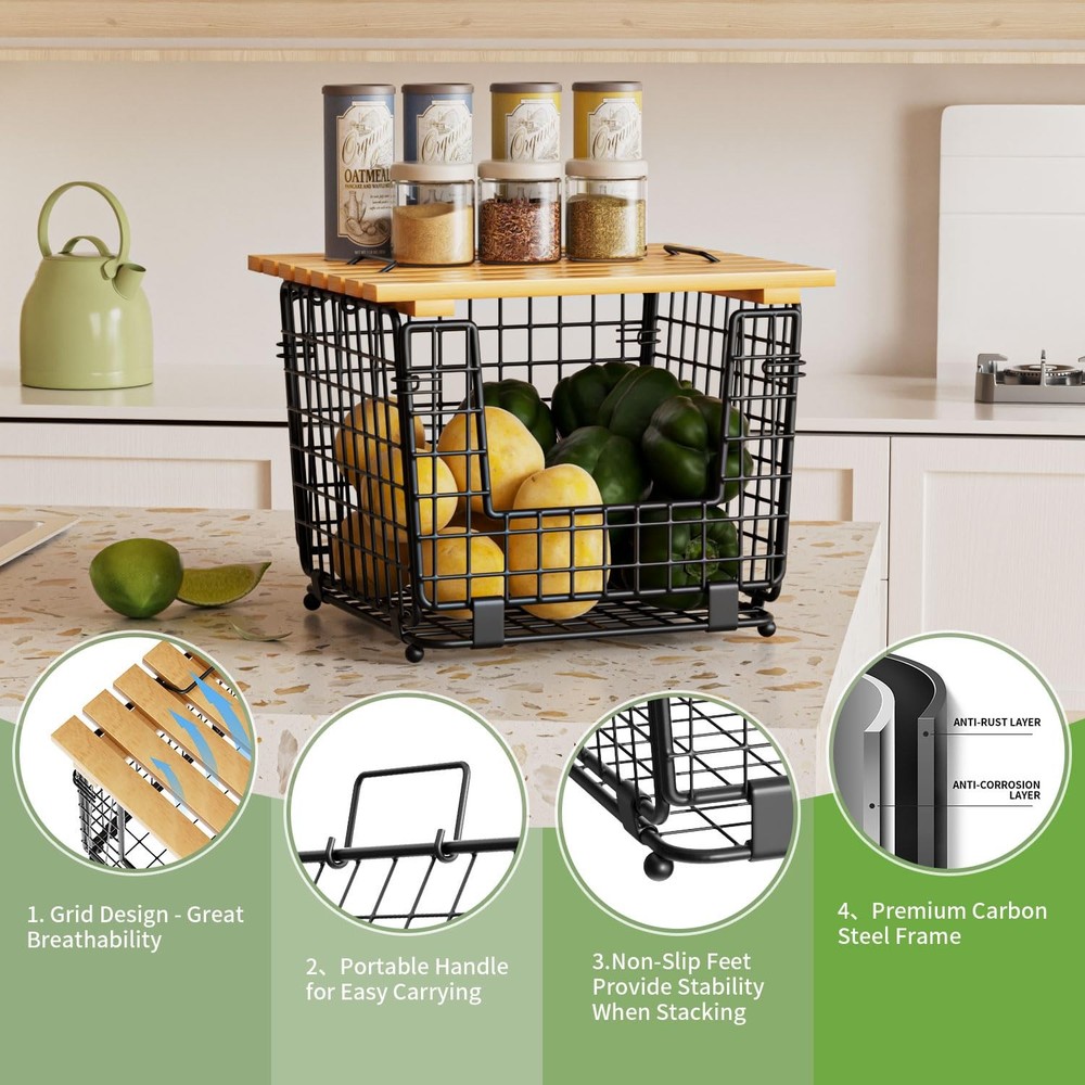 GGIU Stackable Pantry Basket: Kitchen Counter Organizer for Vegetables, Black