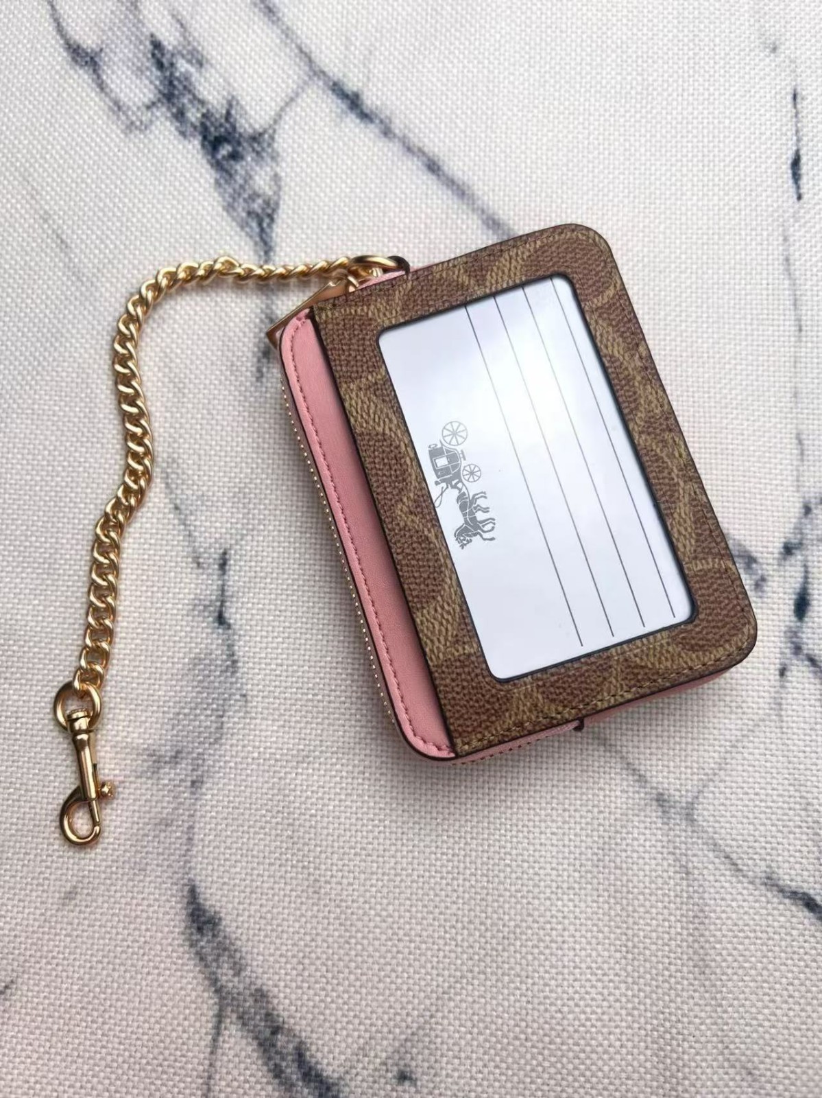 2026 NWT Coach Zip Card Case In Signature Canvas CW883 Tan/Dusty Pink