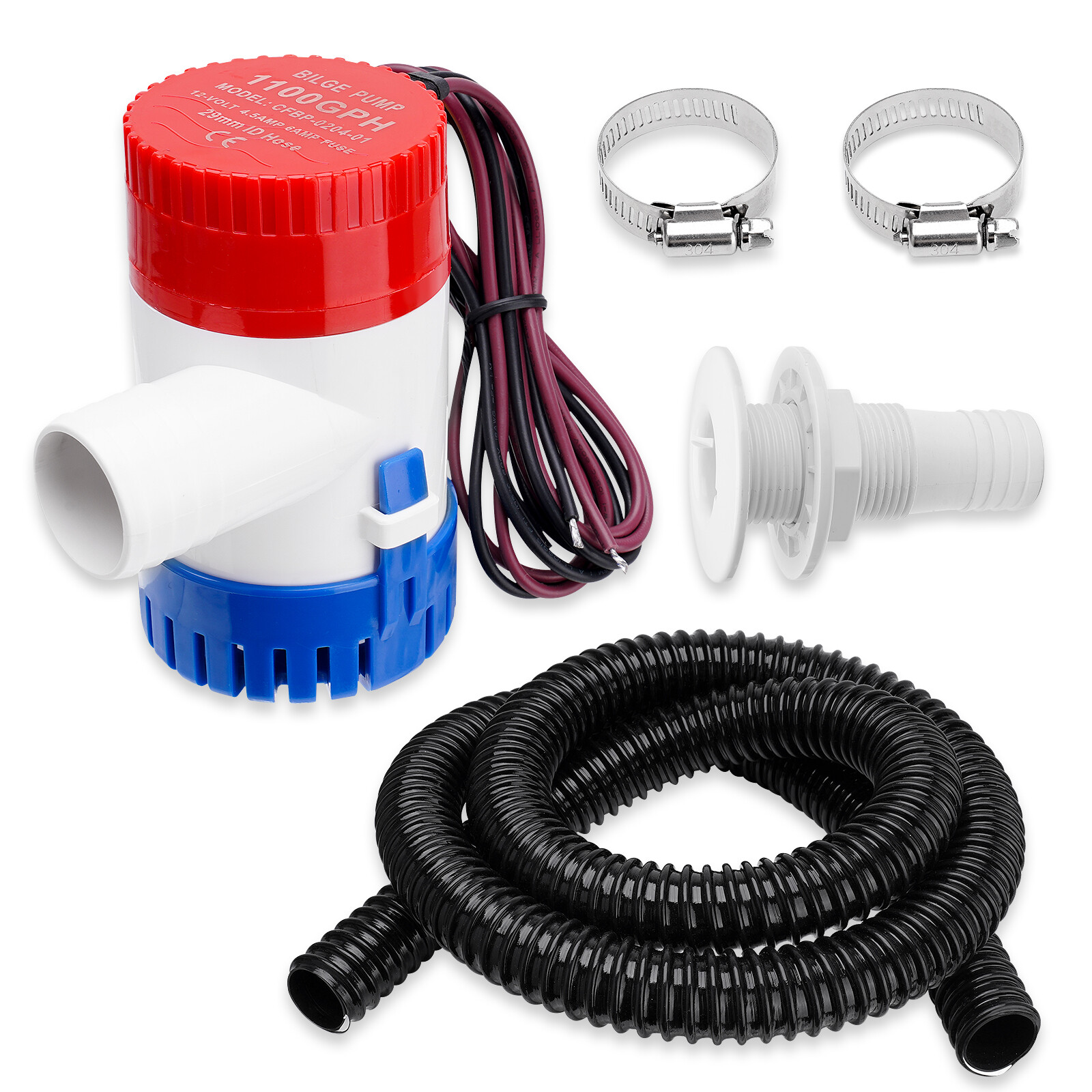 1100 GPH Boat Bilge Water Pump 12V 1-1/8 Inch Dia Bilge Pump Plumbing Kit W/Hose